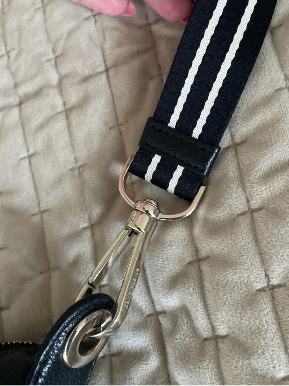 kate spade Black Pebbled Leather Crossbody with Striped Strap